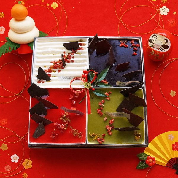 shirokane sweet TOKYO スクエアスイーツおせち 4種Mixスイーツアソート
(ベリーショート、ミロワールフランボワーズ、ミロワールショコラ、ミロワールピスターシュ)