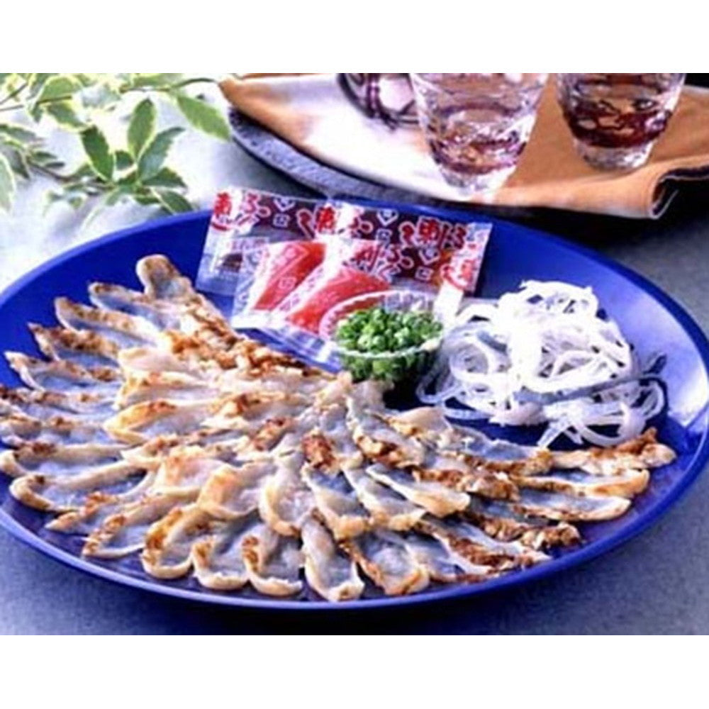 玄海まふぐのタタキ まふぐタタキ100g、とらふぐ皮10g、ぽん酢10g、もみじおろし2g、乾燥ねぎ2g