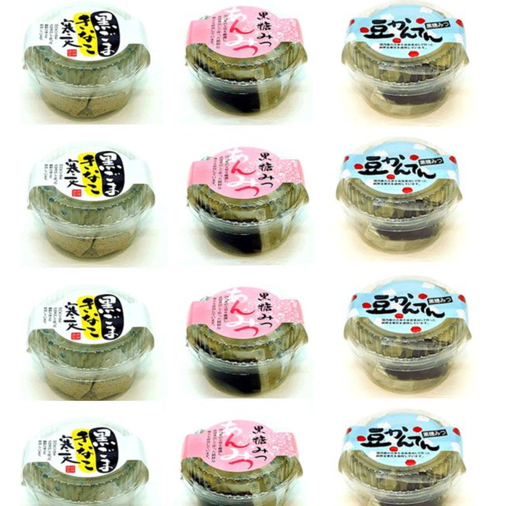 神奈川 横須賀太洋 甘味詰め合せ12個【豆かんてん黒糖みつ、みつ黒糖みつ、黒ごまきな粉寒天各4個】