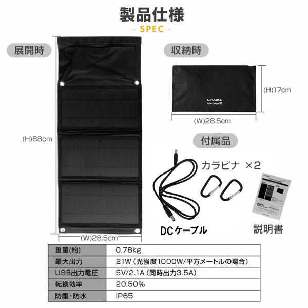 DC対応 21W折り畳み式ソーラーパネル【ブラック】