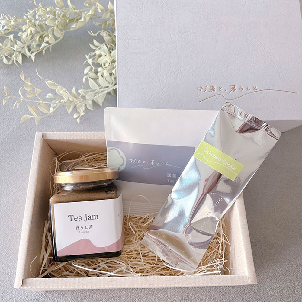 【ギフトカード】お茶と、暮らしと お茶尽くしセット Teaミルクジャム130g(ほうじ茶)・お茶っぱクッキー・緑茶ティーバッグ